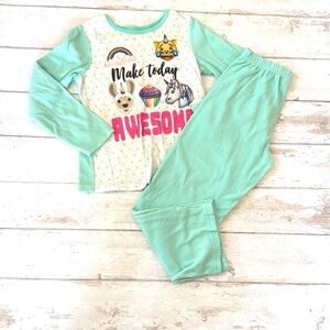 Girls 7/8 Fleece Emoji Movie Pajamas Pjs Set Teal Blue Unicorn Print Size 7 8